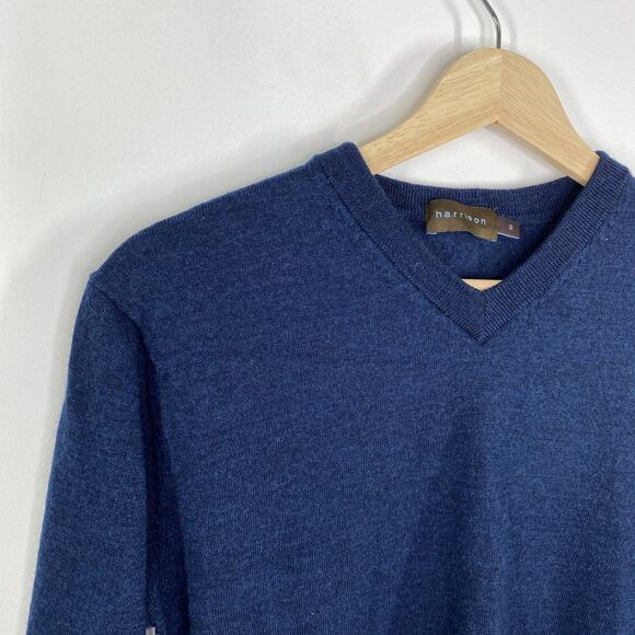Harrison Navy Blue High V-Neck Merino Wool Knit Sweater Men's Size Small S - Picture 4 of 7